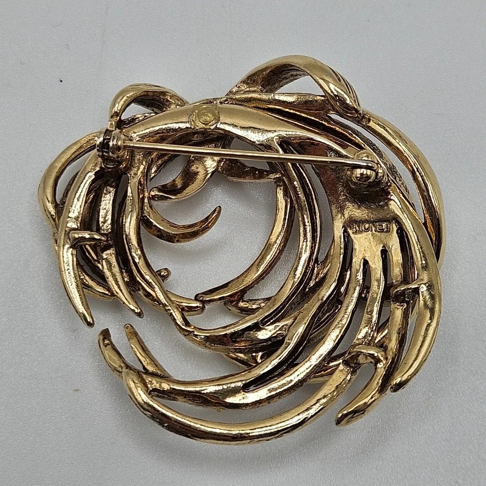 VINTAGE Monet Gold Tone Pave Rhinestone Swirls Sculptural Brooch Pin Signed